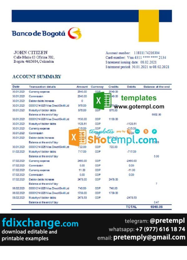 download Colombia Banco de Bogotá bank statement easy to fill template free fonts