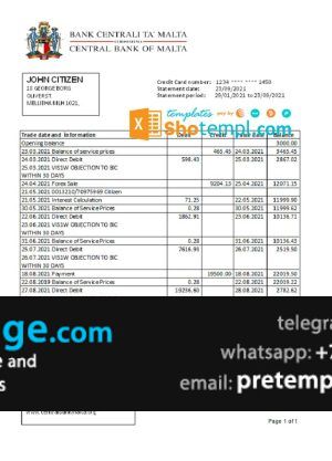 download Malta Central Bank of Malta bank statement easy to fill template free fonts