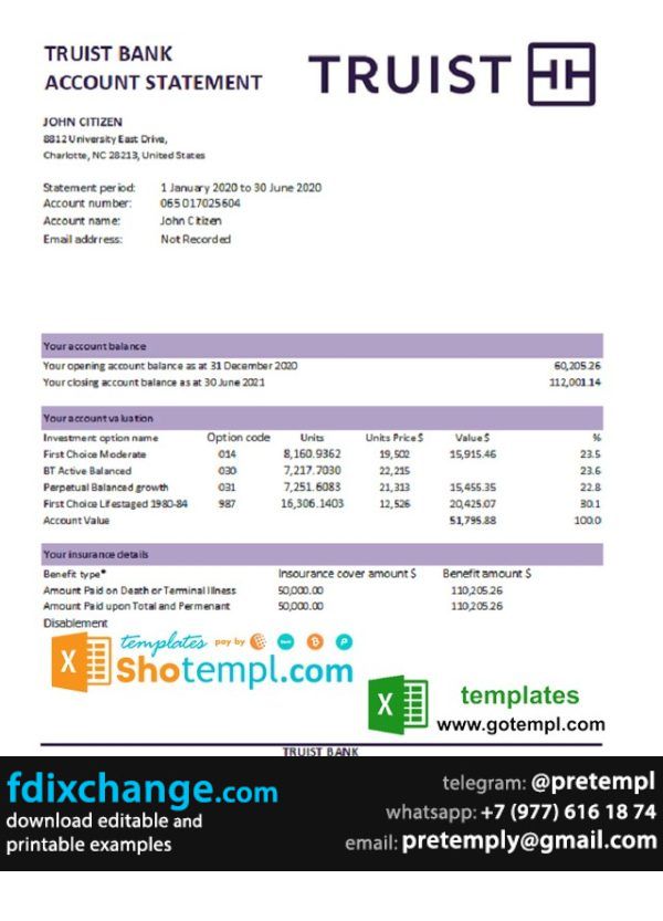 download USA Truist Bank statement template free fonts