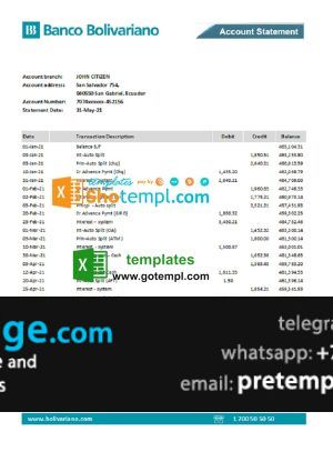 download Ecuador Banco Bolivariano bank statement easy to fill template free fonts