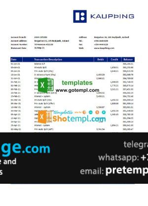 download Iceland Kaupthing Bank statement easy to fill template free fonts