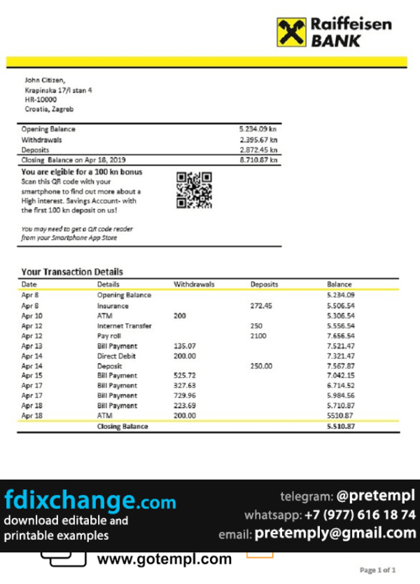 download Croatia Raiffeisen Bank statement template free fonts