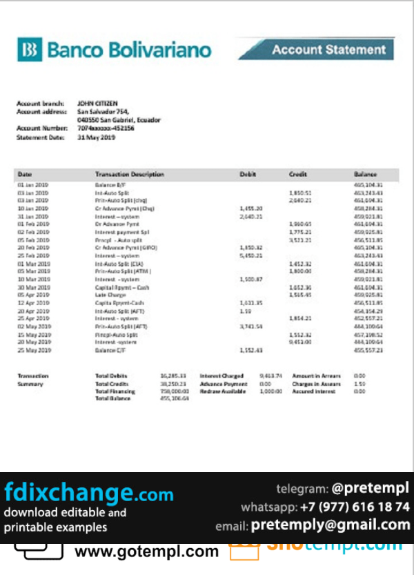 download Ecuador Banco Bolivariano proof of address bank statement template free fonts