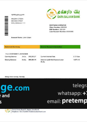 download Somalia Dara Salaam Bank statement template free fonts, good for address prove