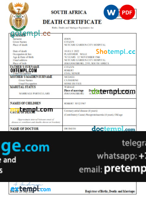 download South Africa death certificate template free fonts, completely editable