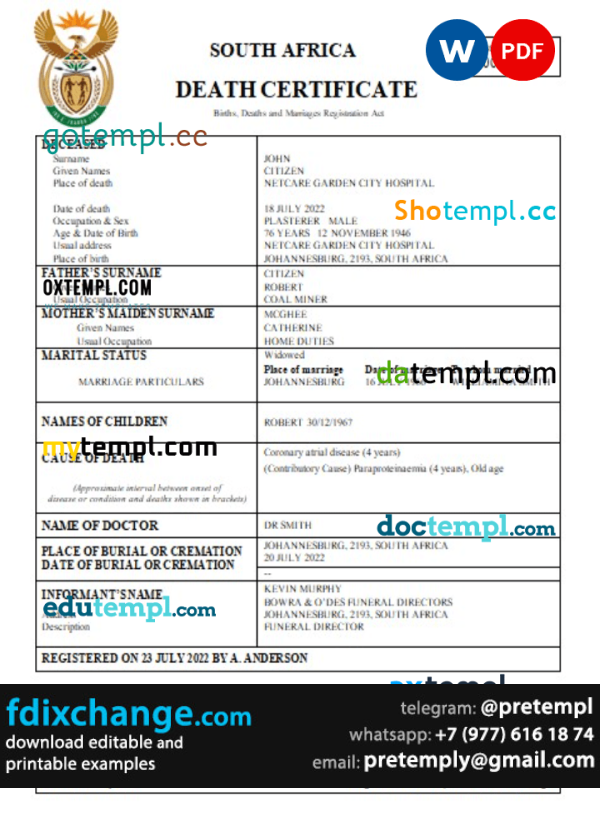 download South Africa death certificate template free fonts, completely editable
