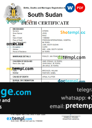 download South Sudan vital record death certificate template free fonts