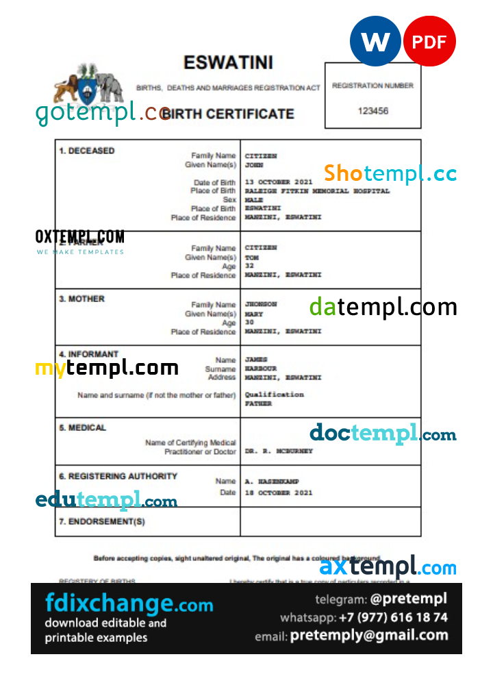 download Eswatini birth certificate template free fonts, completely editable