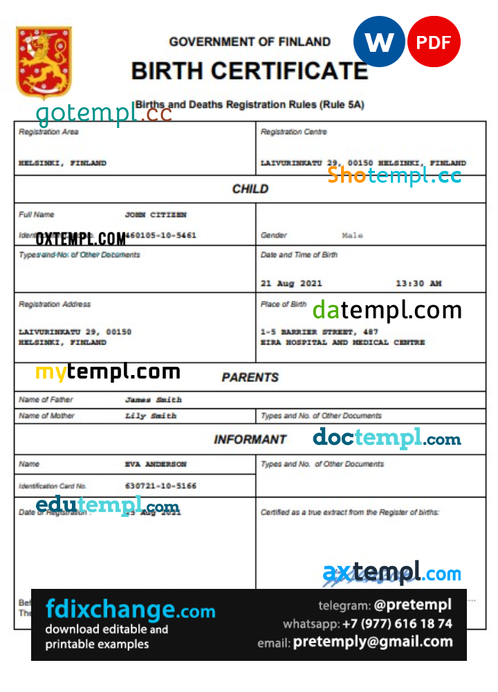 download Finland vital record birth certificate template free fonts, completely editable