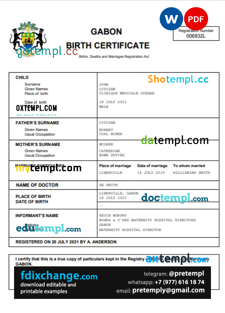 download Gabon vital record birth certificate template free fonts, completely editable