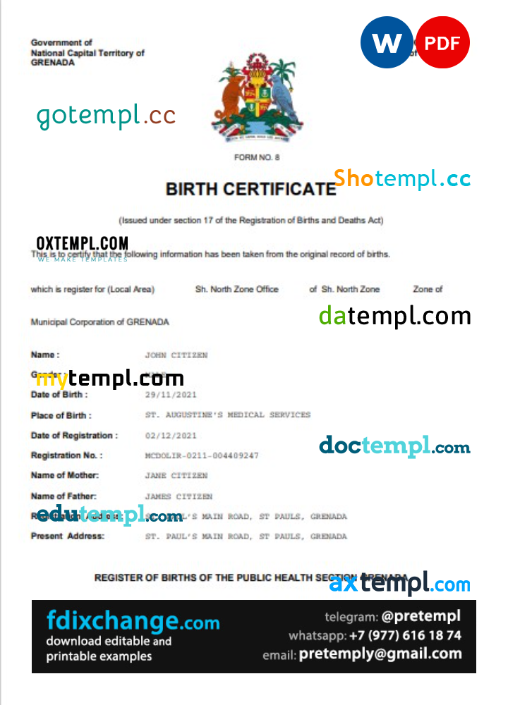 download Grenada vital record birth certificate template free fonts, completely editable