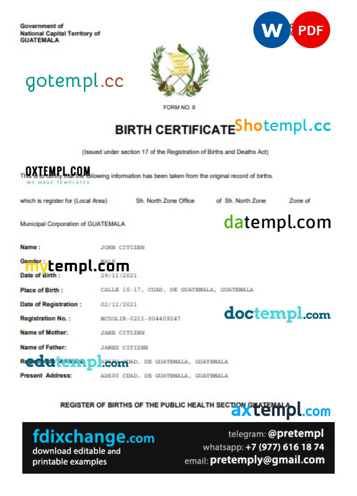 download Guatemala birth certificate template free fonts, completely editable