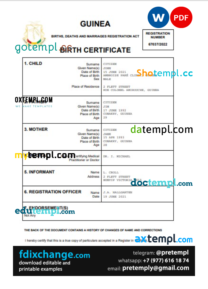 download Guinea vital record birth certificate template free fonts, completely editable