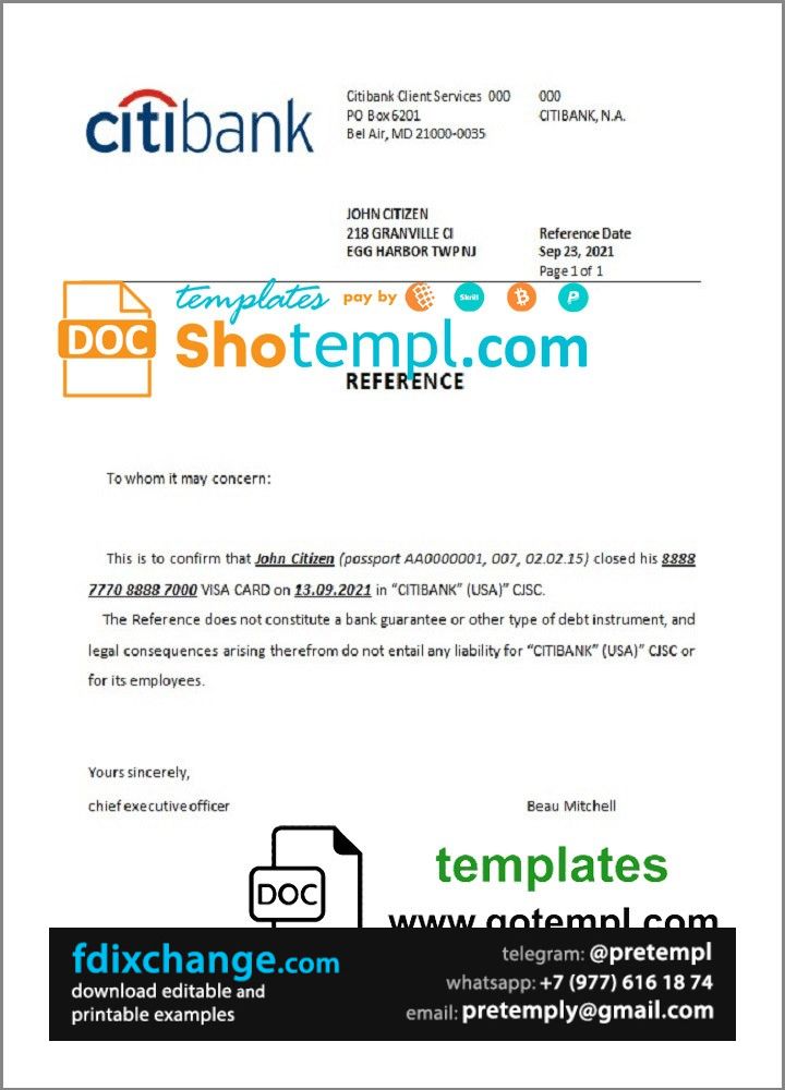 download USA Citibank bank account closure reference letter template ...