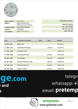 download Liberia Central Bank of Liberia bank statement template free fonts