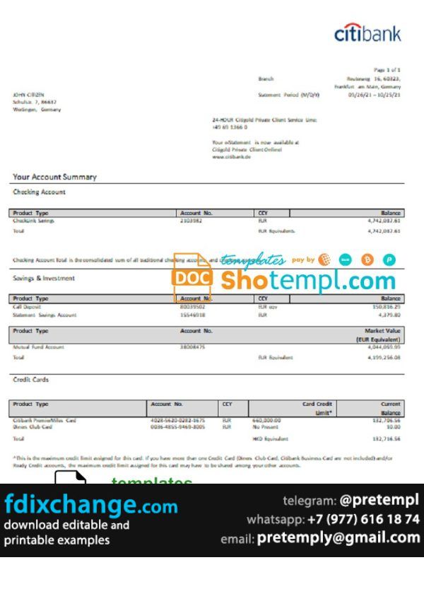 download Germany Citibank bank account statement template free fonts