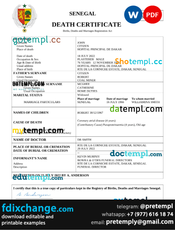 download Senegal vital record death certificate template free fonts