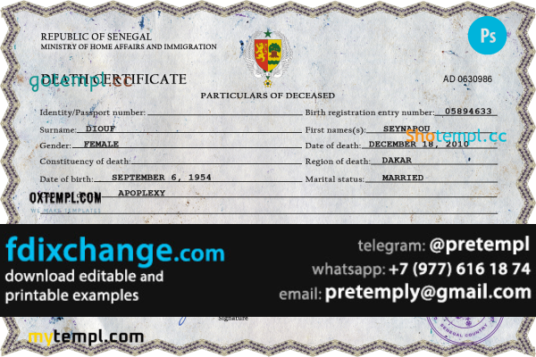 download Senegal vital record death certificate template free fonts
