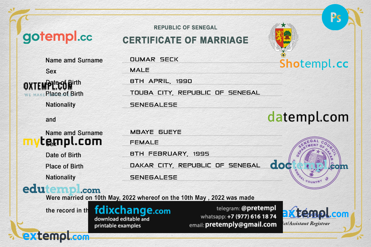 download Senegal marriage certificate template free fonts, completely editable