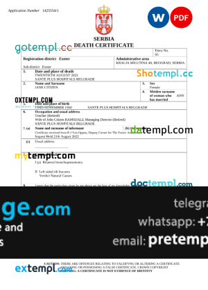 download Serbia death certificate template free fonts, completely editable