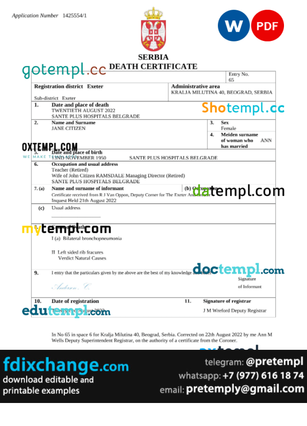 download Serbia death certificate template free fonts, completely editable