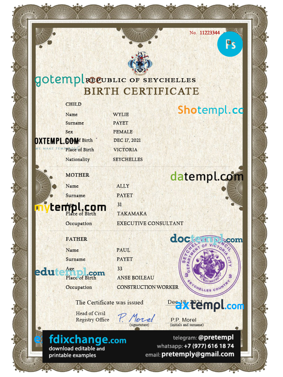 download Seychelles vital record birth certificate template free fonts