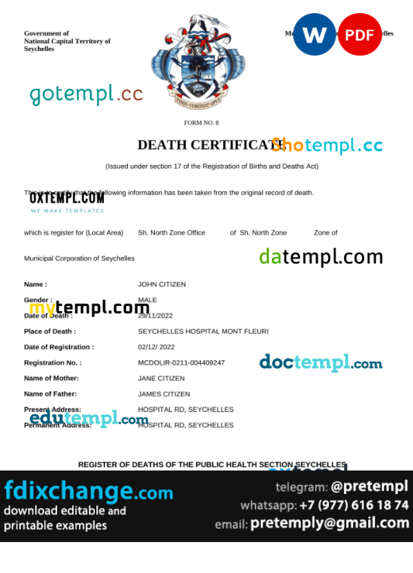 download Seychelles vital record death certificate template free fonts