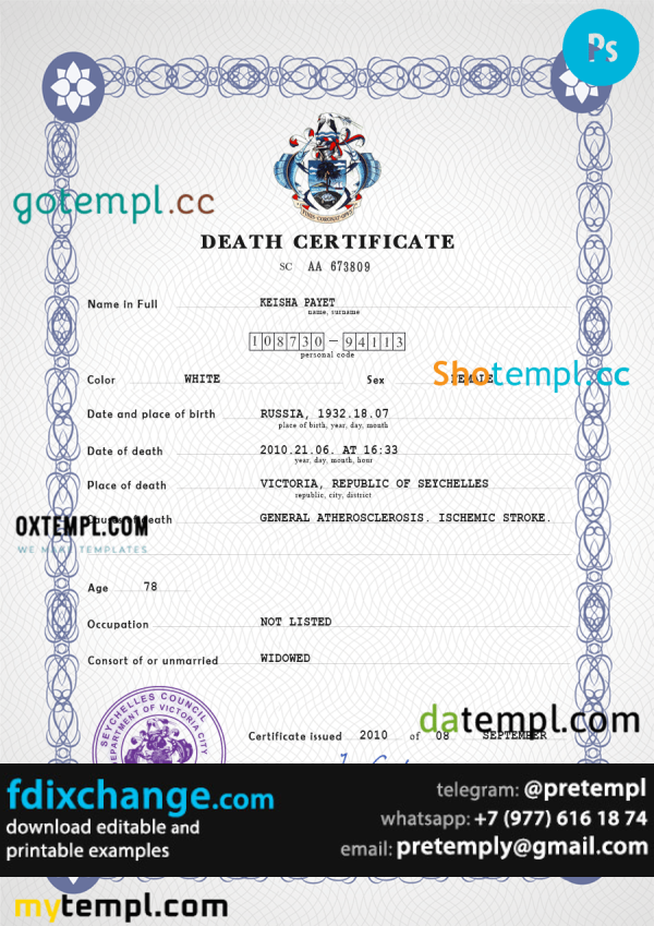 download Seychelles vital record death certificate template free fonts
