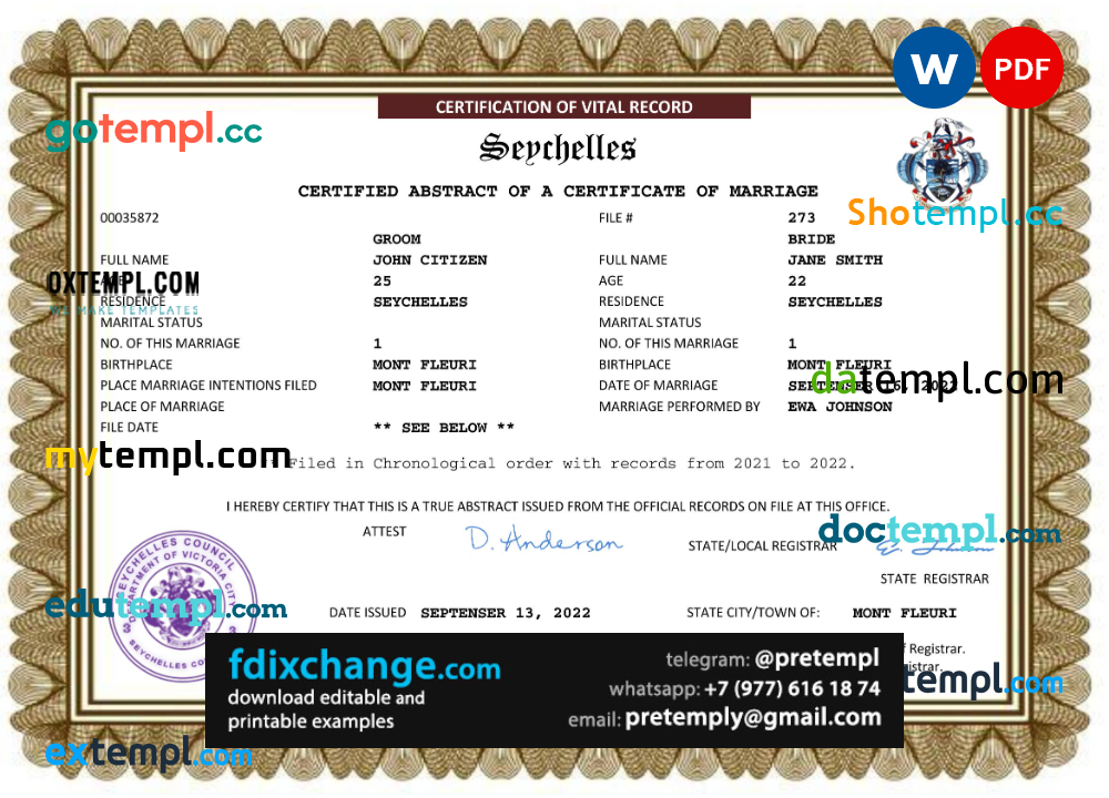 download Seychelles marriage certificate template free fonts, fully editable