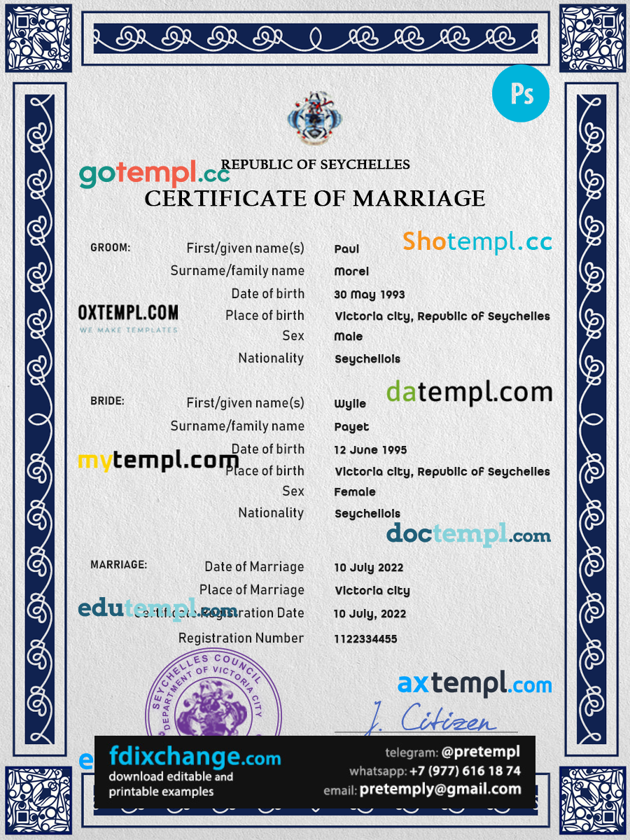 download Seychelles marriage certificate template free fonts, completely editable