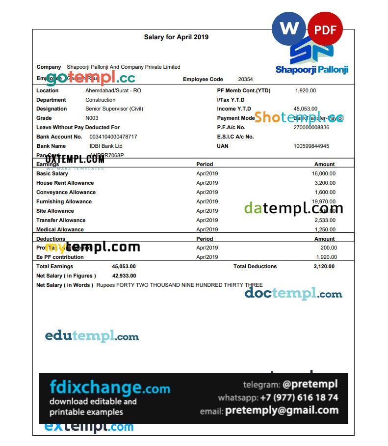 download Shapoorji Pallonji employee pay stub template free fonts