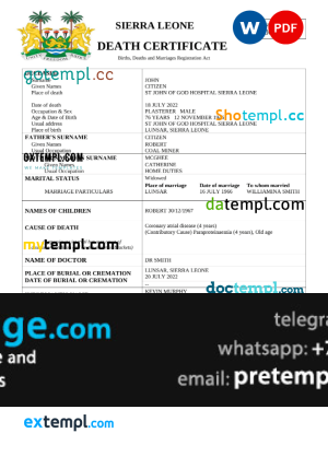 download Sierra Leone death certificate template free fonts, completely editable