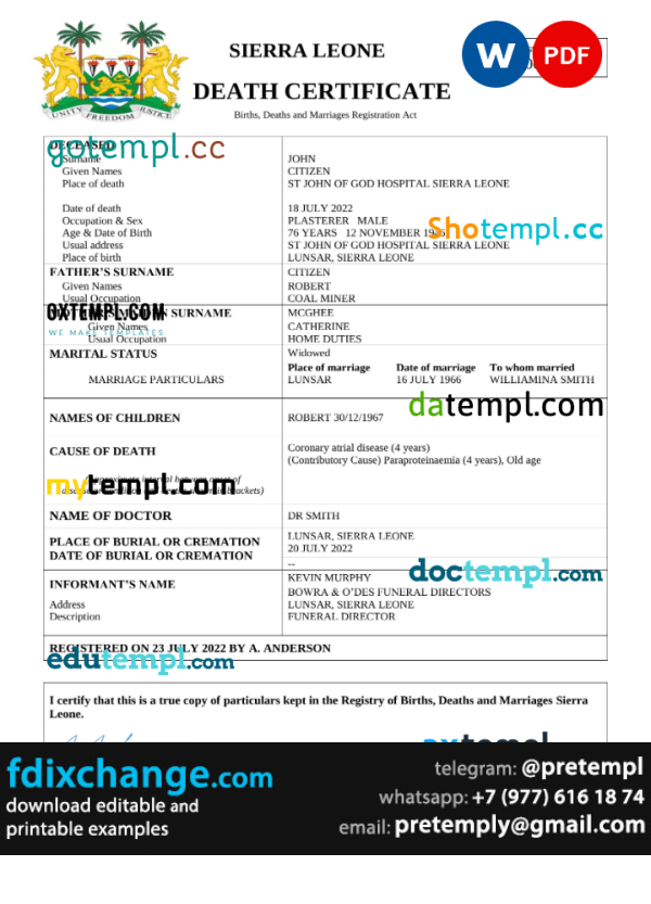 download Sierra Leone death certificate template free fonts, completely editable