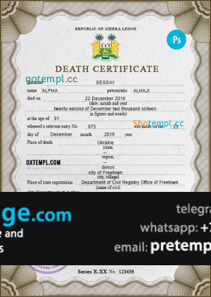 download Sierra Leone vital record death certificate template free fonts, completely editable