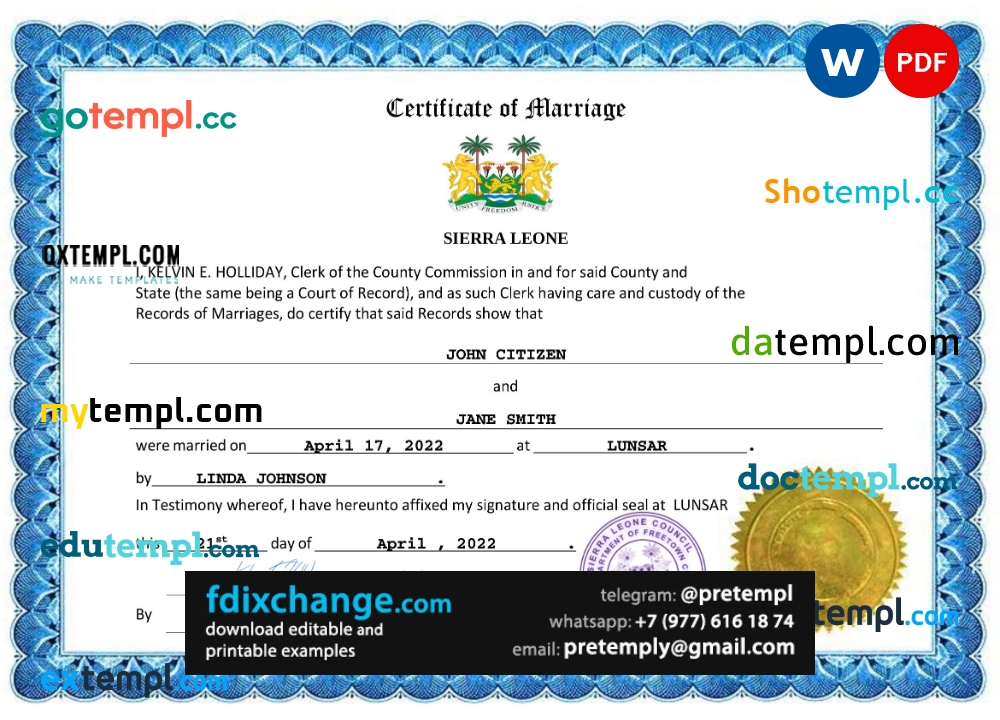 download Sierra Leone marriage certificate template free fonts, completely editable