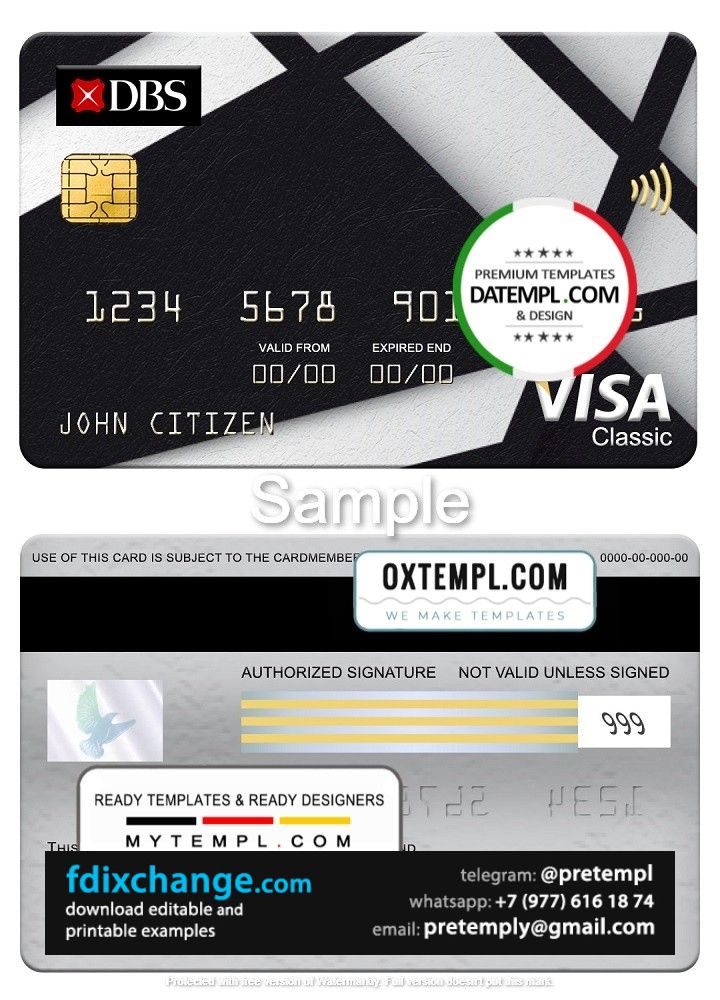 download Singapore DBS bank visa classic card, fully editable template free fonts