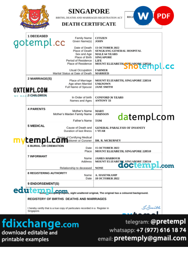 download Singapore vital record death certificate template free fonts