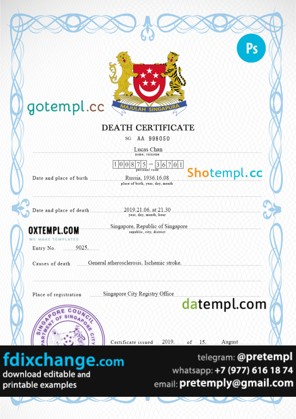download Singapore death certificate template free fonts, completely editable