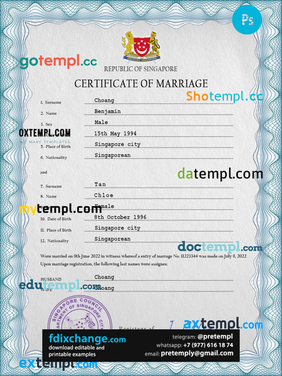 download Singapore marriage certificate template free fonts, completely editable
