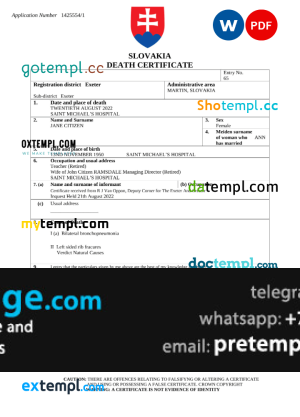 download Slovakia death certificate template free fonts, completely editable