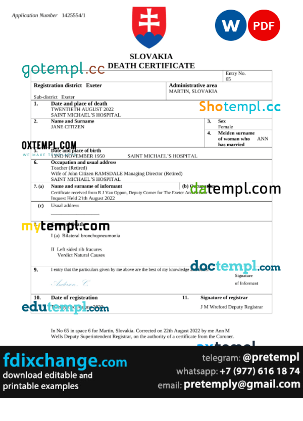 download Slovakia death certificate template free fonts, completely editable