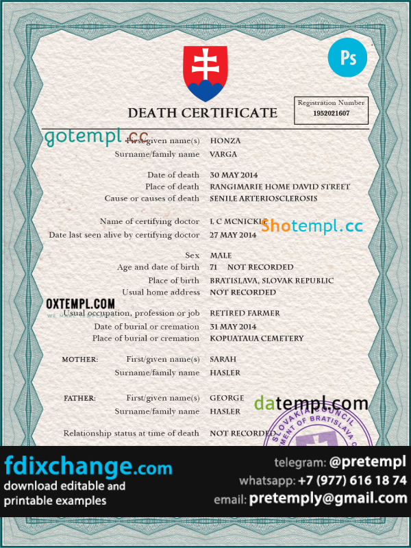 download Slovakia vital record death certificate template free fonts