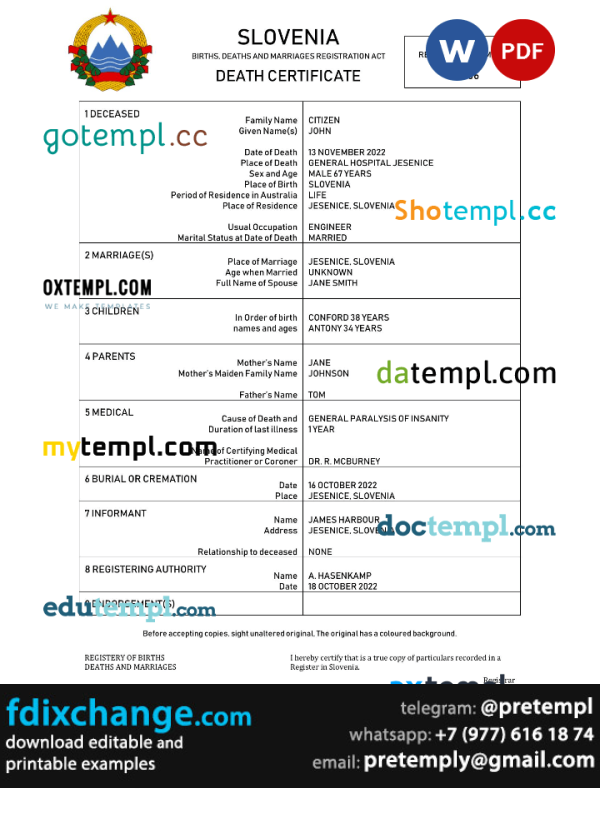 download Slovenia vital record death certificate template free fonts