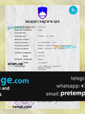 download Slovenia death certificate template free fonts, completely editable