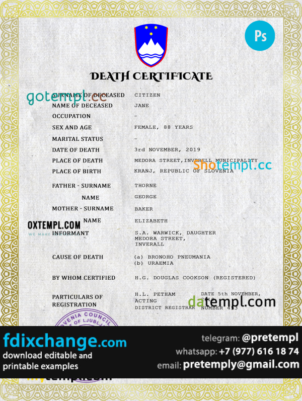 download Slovenia death certificate template free fonts, completely editable