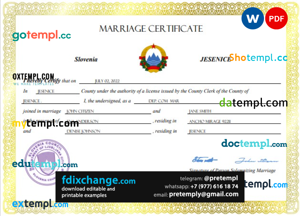 download Slovenia marriage certificate template free fonts, fully editable