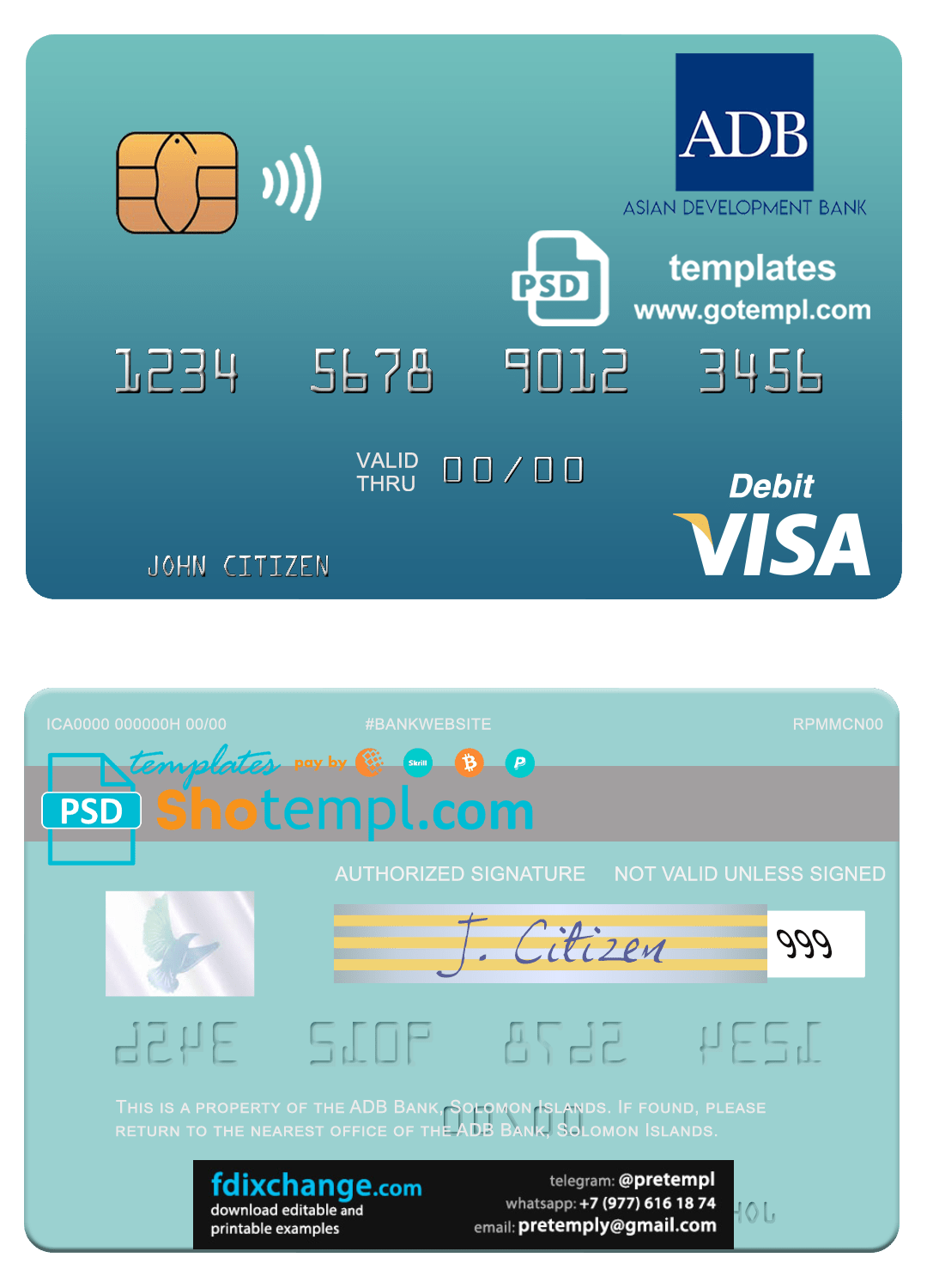 download Solomon Islands ADB Bank visa debit card template in PSD format