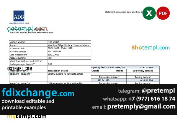 download Solomon Islands ADB bank statement, template free fonts