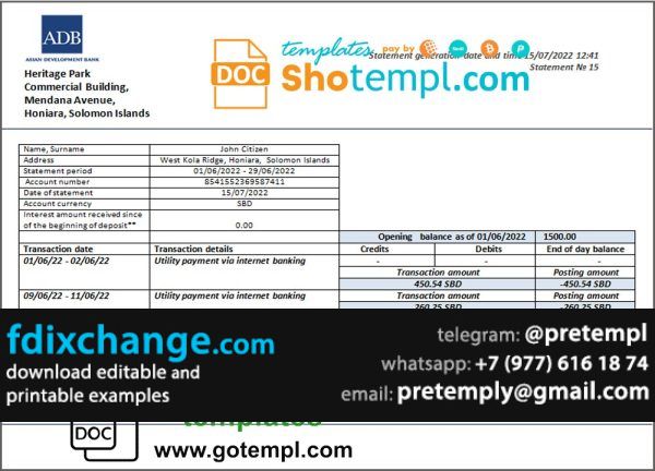 download Solomon Islands ADB bank statement template free fonts