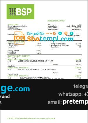 download Solomon Islands BSP bank statement template free fonts
